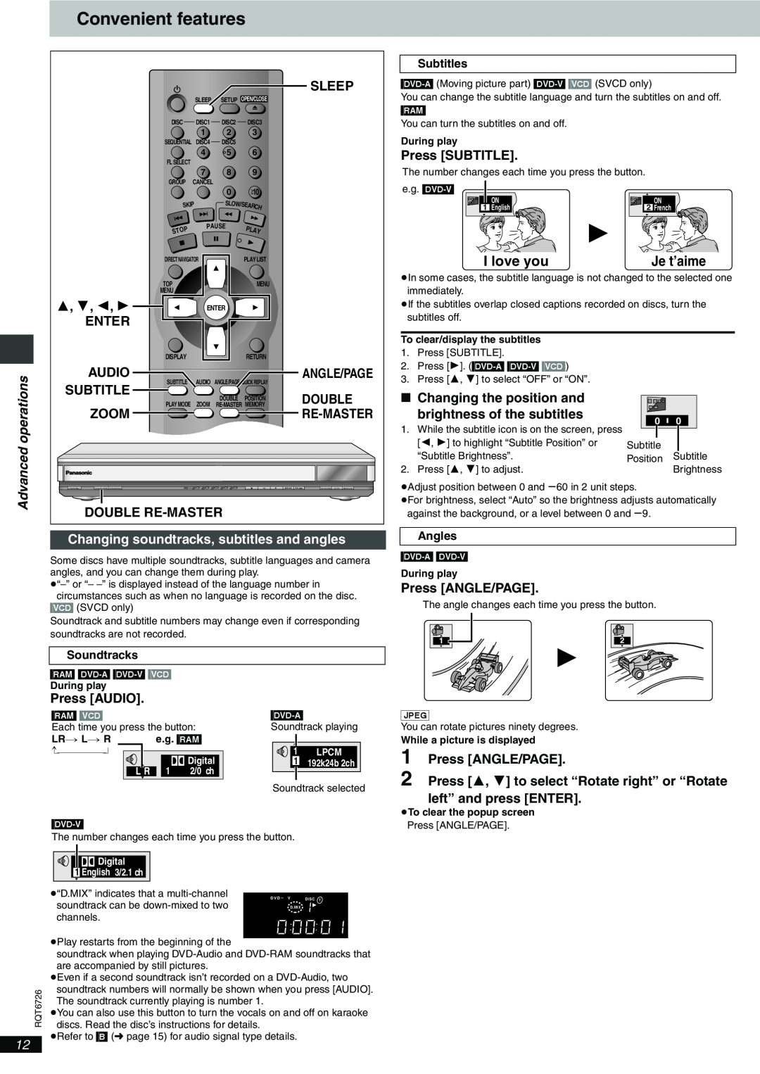 Panasonic DVD-F61 important safety instructions Convenient features, I love you, Advanced, operations 