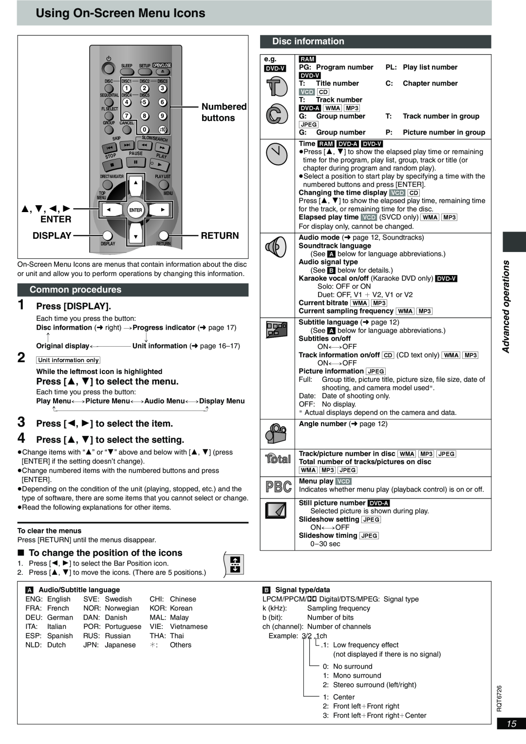 Panasonic DVD-F61 important safety instructions Using On-Screen Menu Icons, Advanced operations, Dvd-V, Vcd Cd, Jpeg 