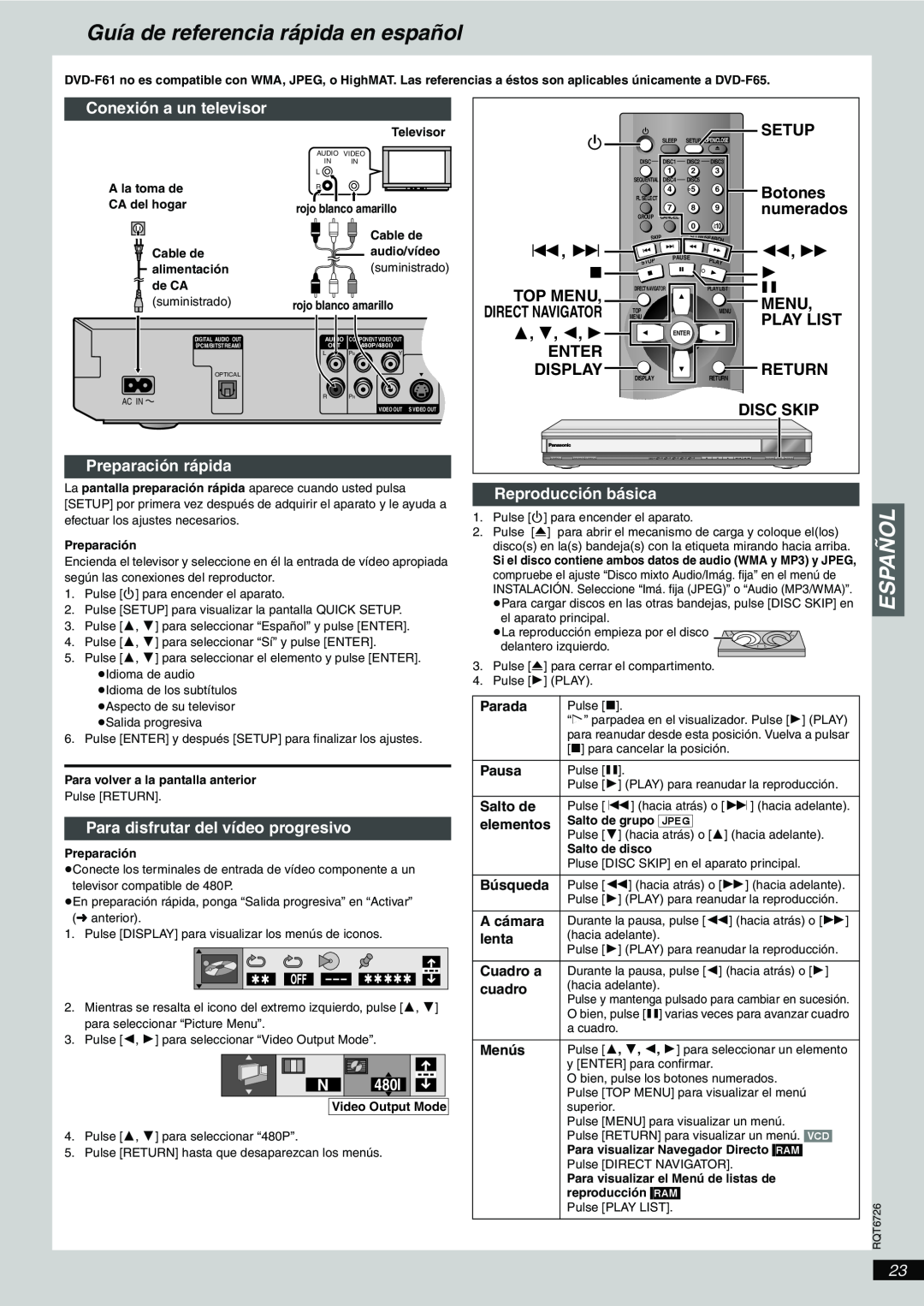 Panasonic DVD-F61 Guía de referencia rápida en español, Español, numerados, Parada, Pausa, Salto de, Búsqueda, A cámara 