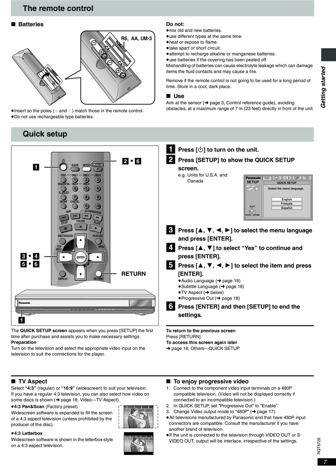 Panasonic DVD-F61 important safety instructions The remote control, Quick setup, Getting started 
