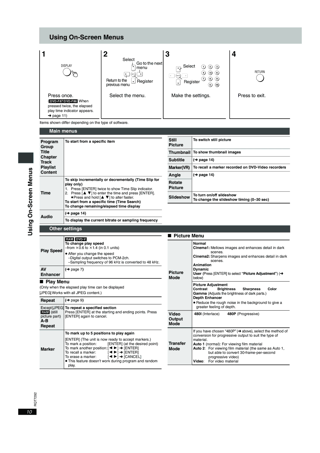 Panasonic DVD-F84 important safety instructions Using On-Screen Menus, Main menus, Other settings 