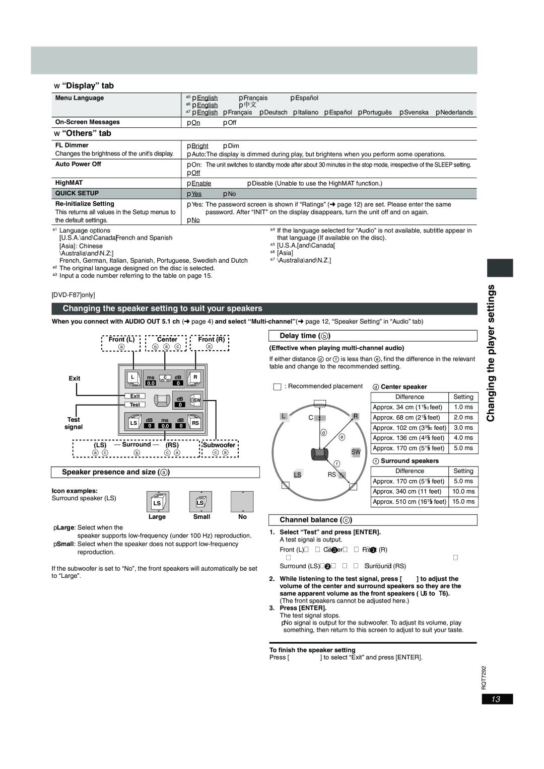 Panasonic DVD-F84 important safety instructions Settings, Player, Changing the speaker setting to suit your speakers 