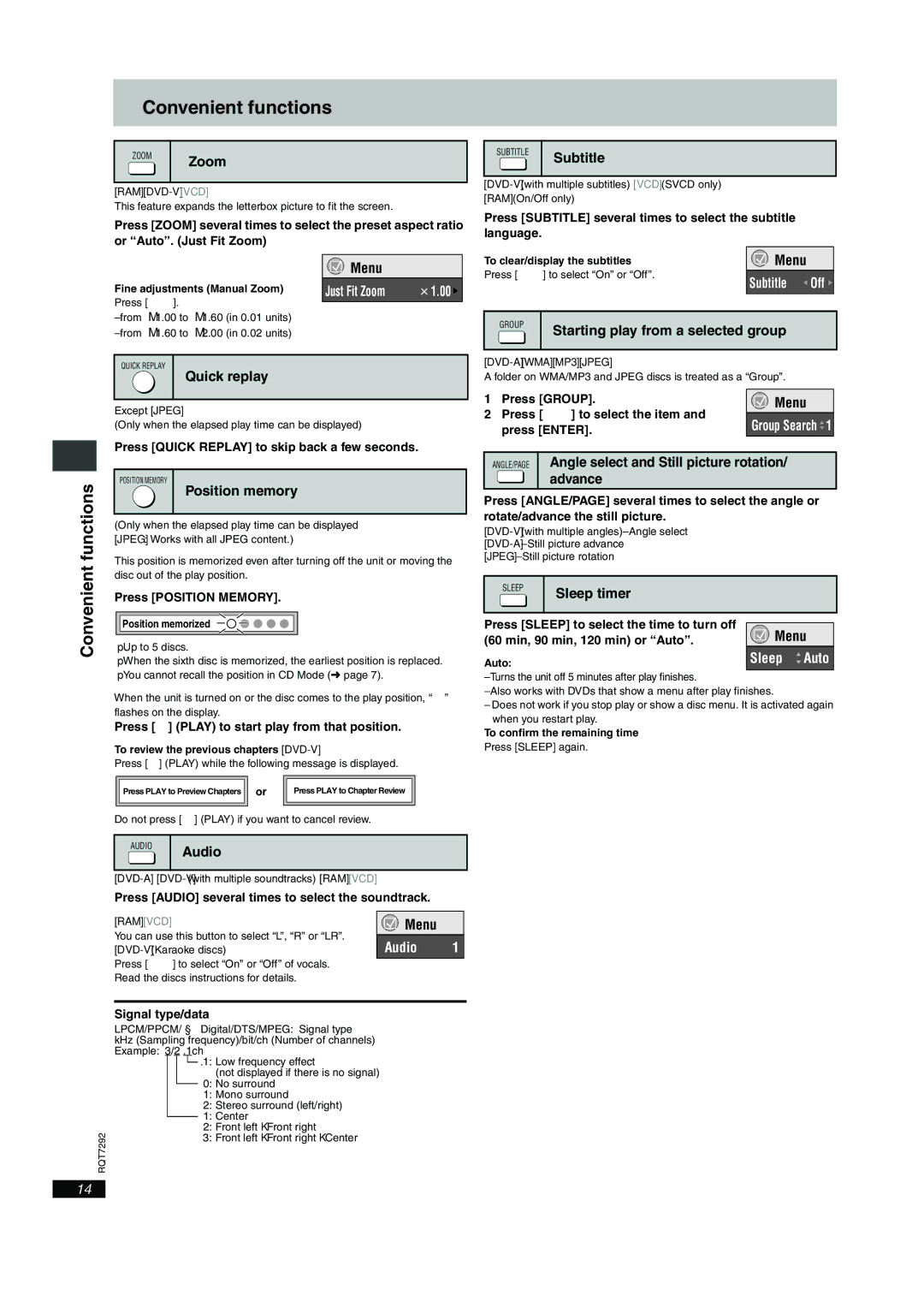 Panasonic DVD-F84 important safety instructions Convenient functions, Subtitle Off, Audio 