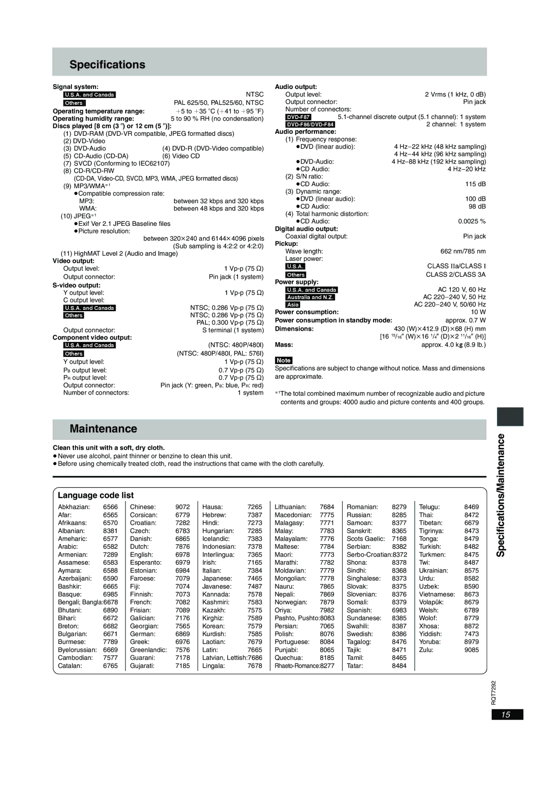 Panasonic DVD-F84 important safety instructions Language code list, Specifications/Maintenance 