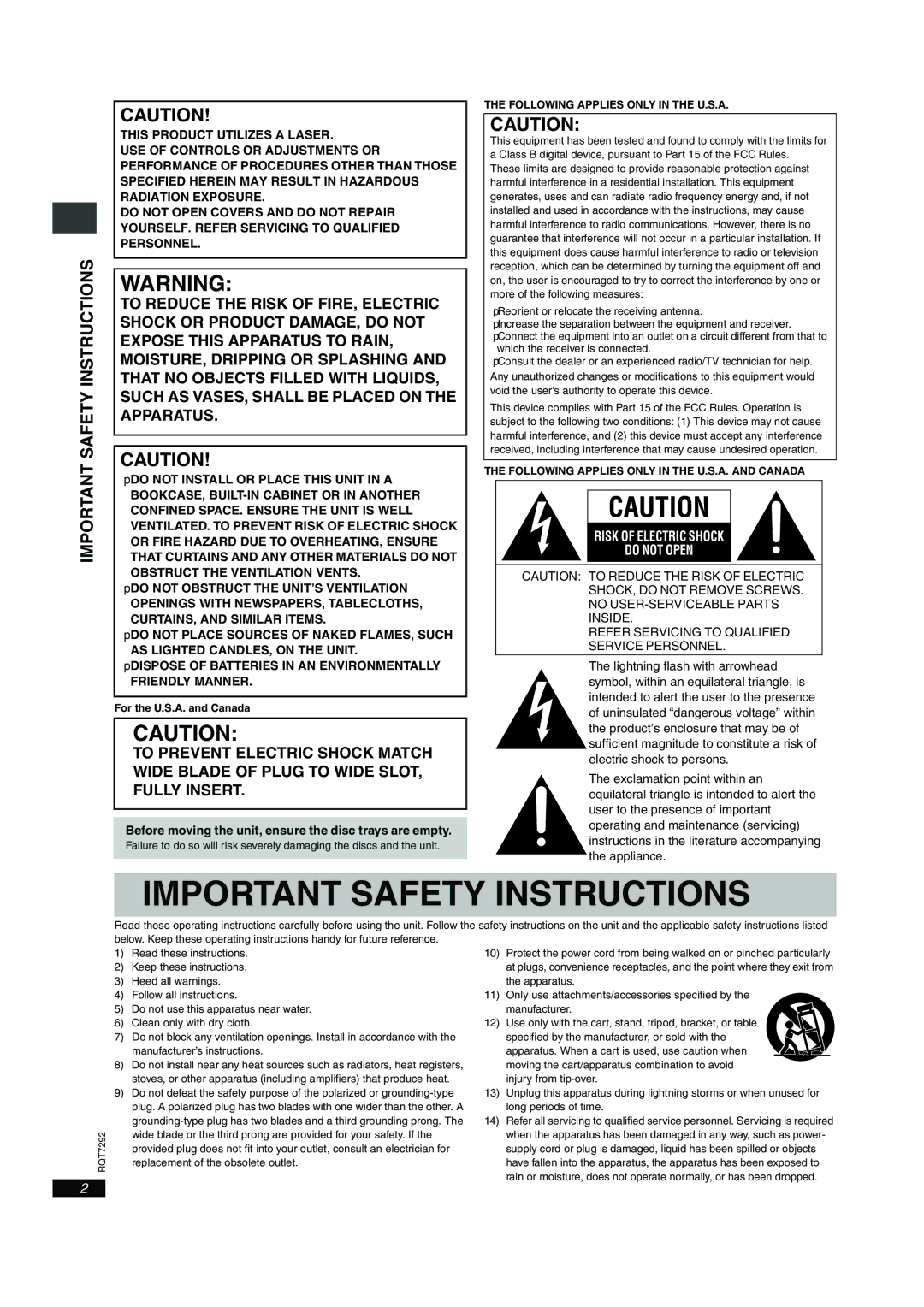 Panasonic DVD-F84 Before moving the unit, ensure the disc trays are empty, For the U.S.A. and Canada 