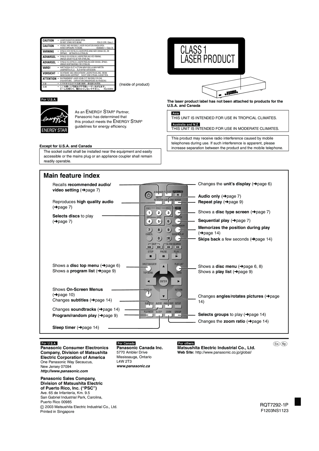 Panasonic DVD-F84 important safety instructions Main feature index 