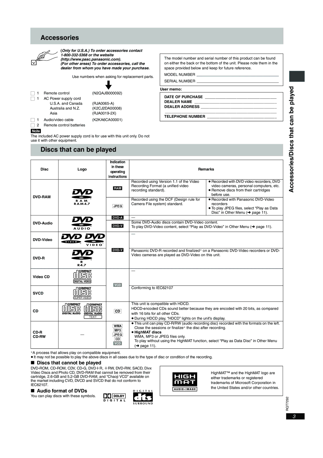 Panasonic DVD-F84 Accessories, Discs that can be played, Can be played, Discs that cannot be played, Audio format of DVDs 