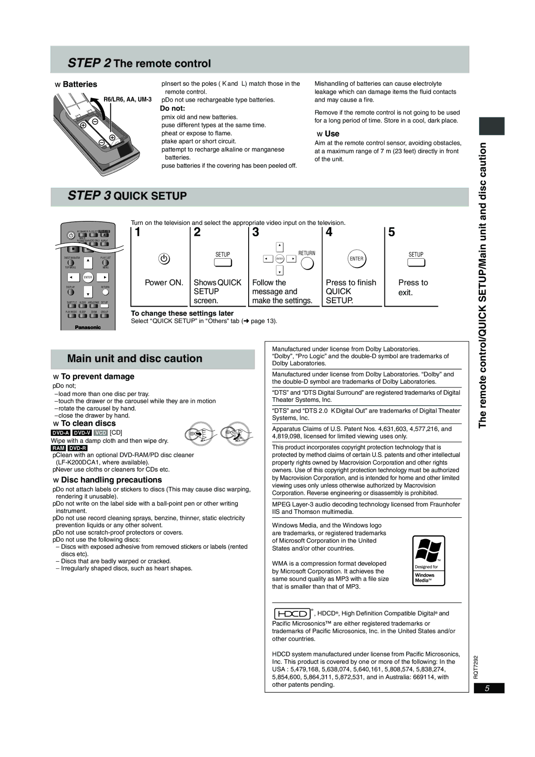 Panasonic DVD-F84 important safety instructions Remote control, Main unit and disc caution, Disc caution 