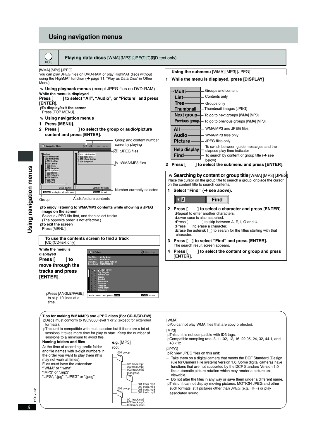 Panasonic DVD-F84 important safety instructions Using navigation menus, Find 