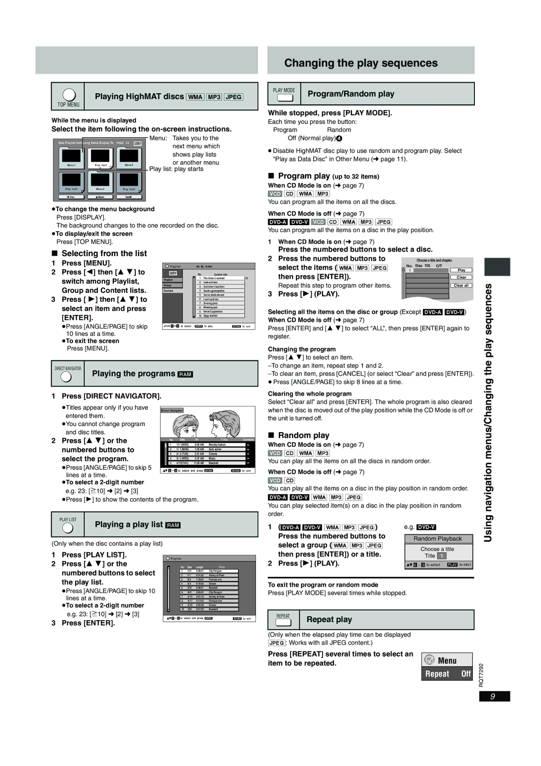 Panasonic DVD-F84 important safety instructions Changing the play sequences, Sequences, Menus/Changing, Navigation, Using 