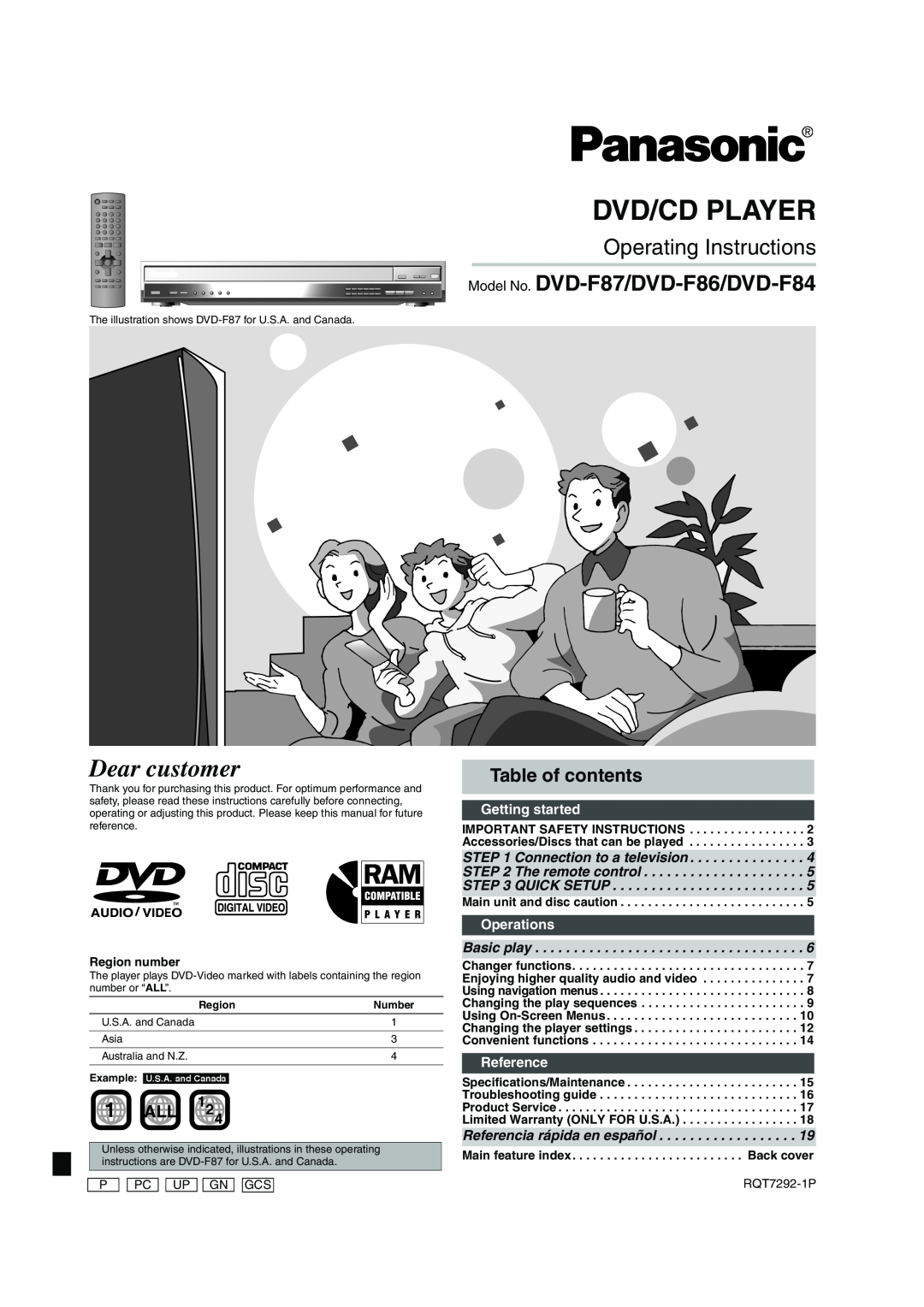 Panasonic DVD-F84 important safety instructions Table of contents, 1 ALL, Dvd/Cd Player, Dear customer, Getting started 