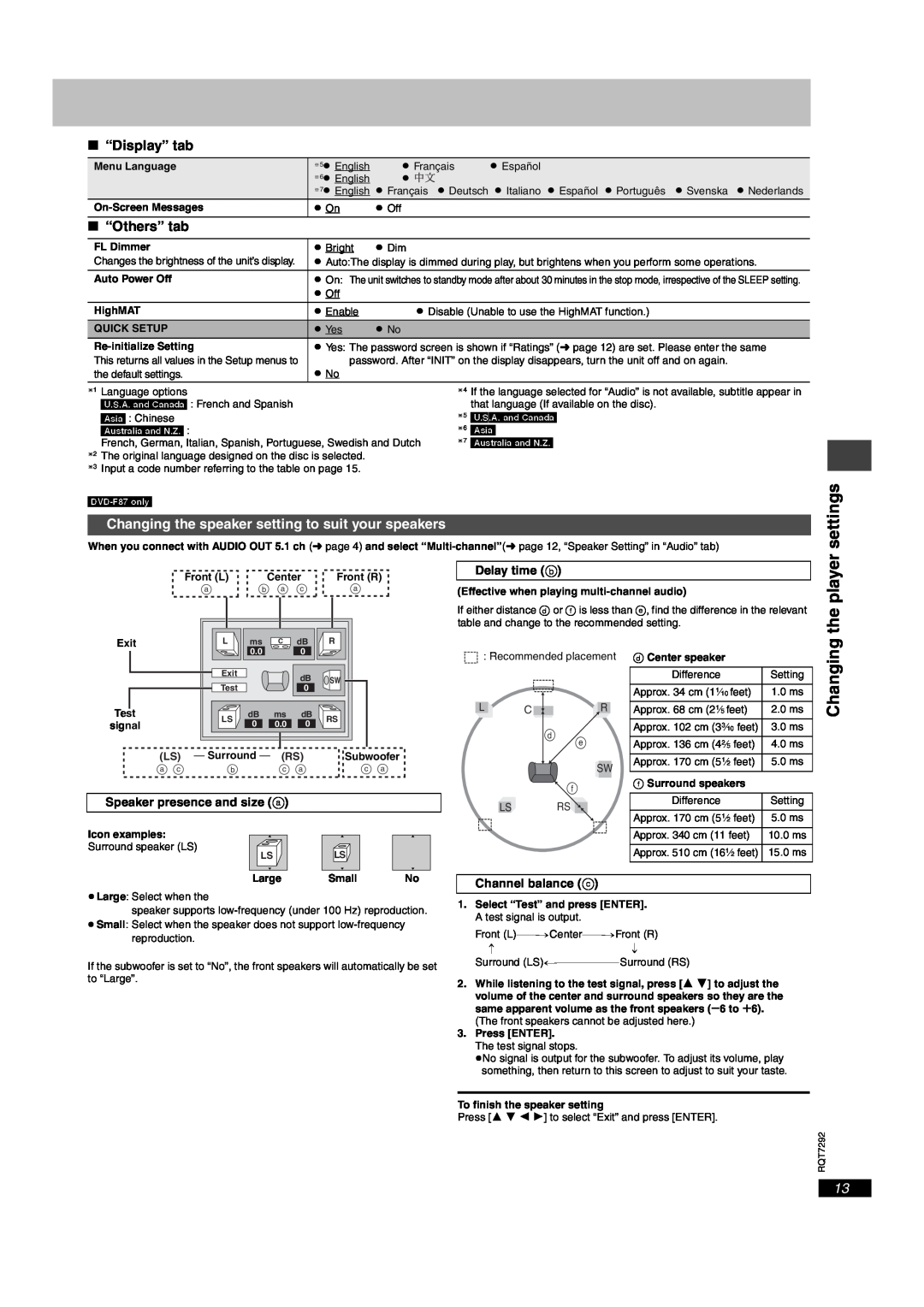 Panasonic DVD-F84 settings, Changing the speaker setting to suit your speakers, ≥ On, ≥ No, L C R, Ls Rs, b a c 