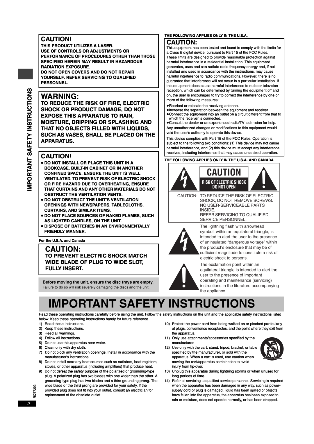 Panasonic DVD-F84 important safety instructions Important Safety Instructions 