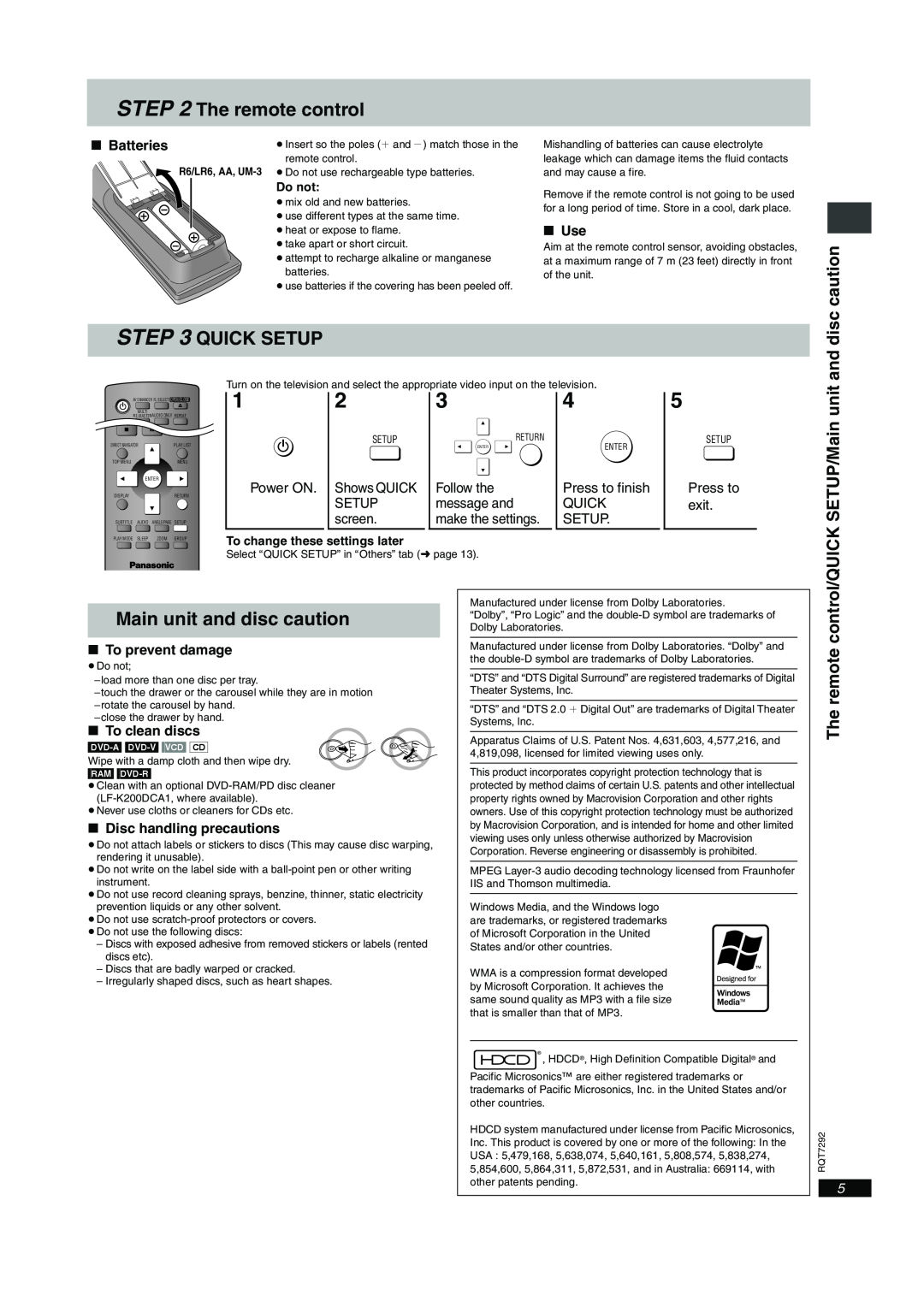 Panasonic DVD-F84 important safety instructions The remote control, Quick Setup, Main unit and disc caution 