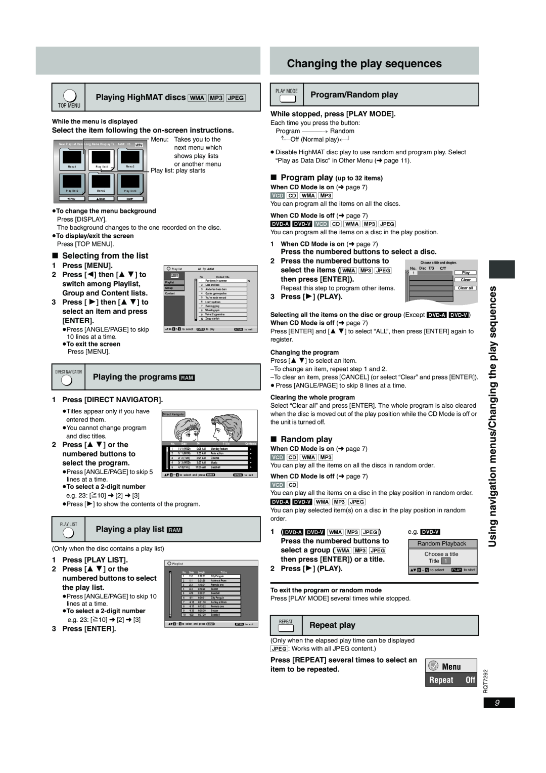 Panasonic DVD-F84 Changing the play sequences, menus/Changing, navigation, Using, then press ENTER or a title 