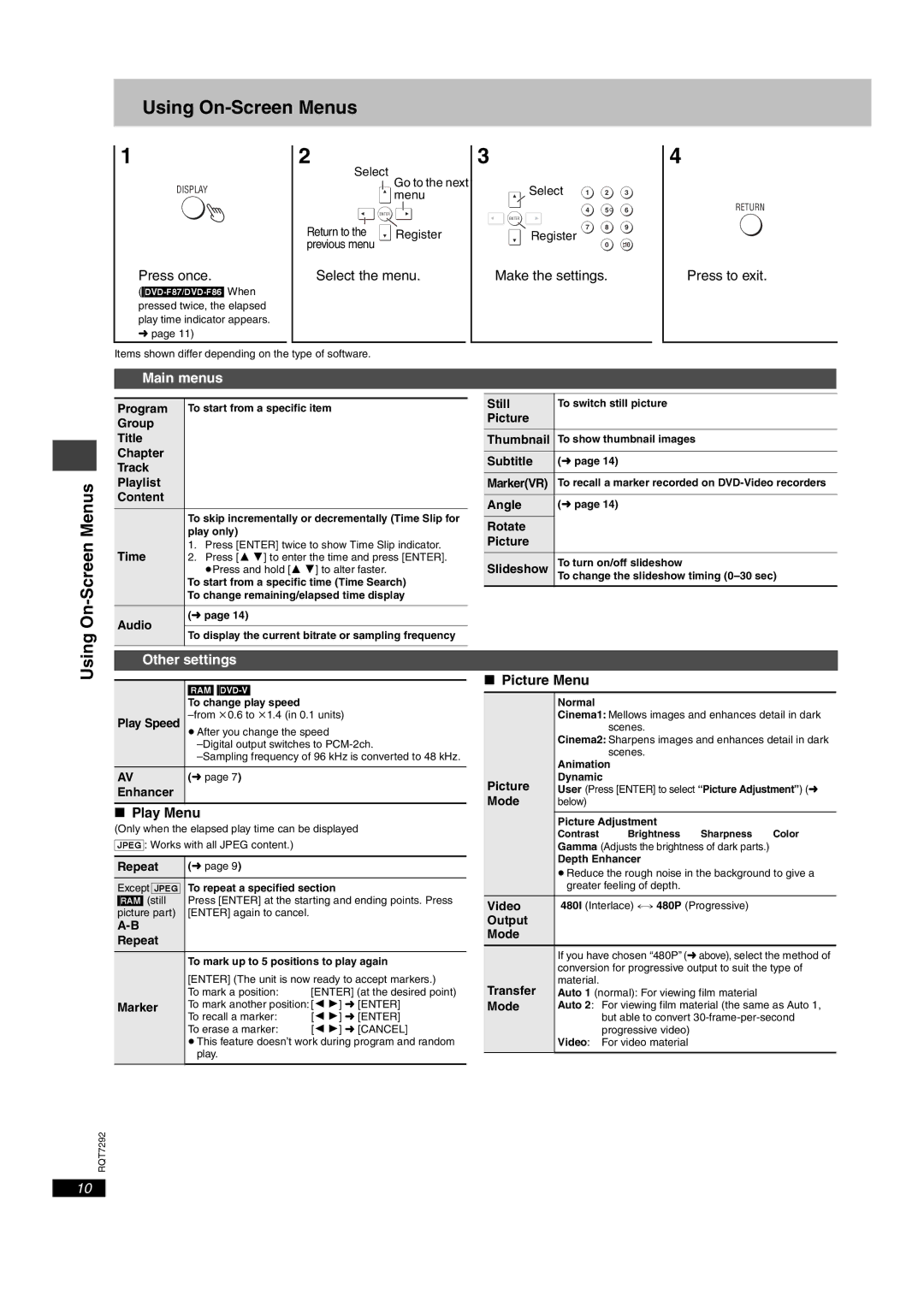 Panasonic DVD-F86 important safety instructions Using On-Screen Menus, Main menus, Other settings 