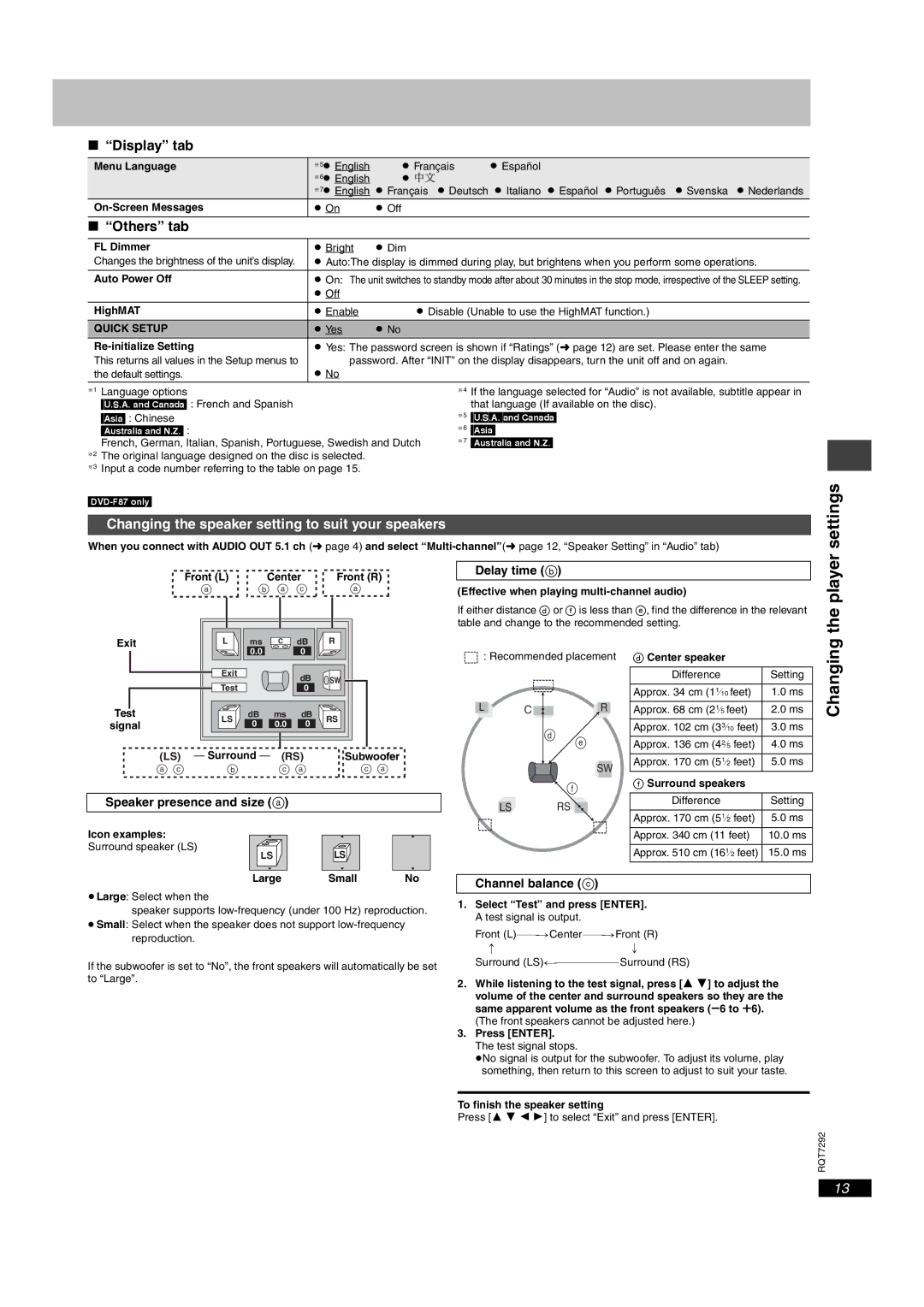 Panasonic DVD-F86 important safety instructions Settings, Player, Changing the speaker setting to suit your speakers 