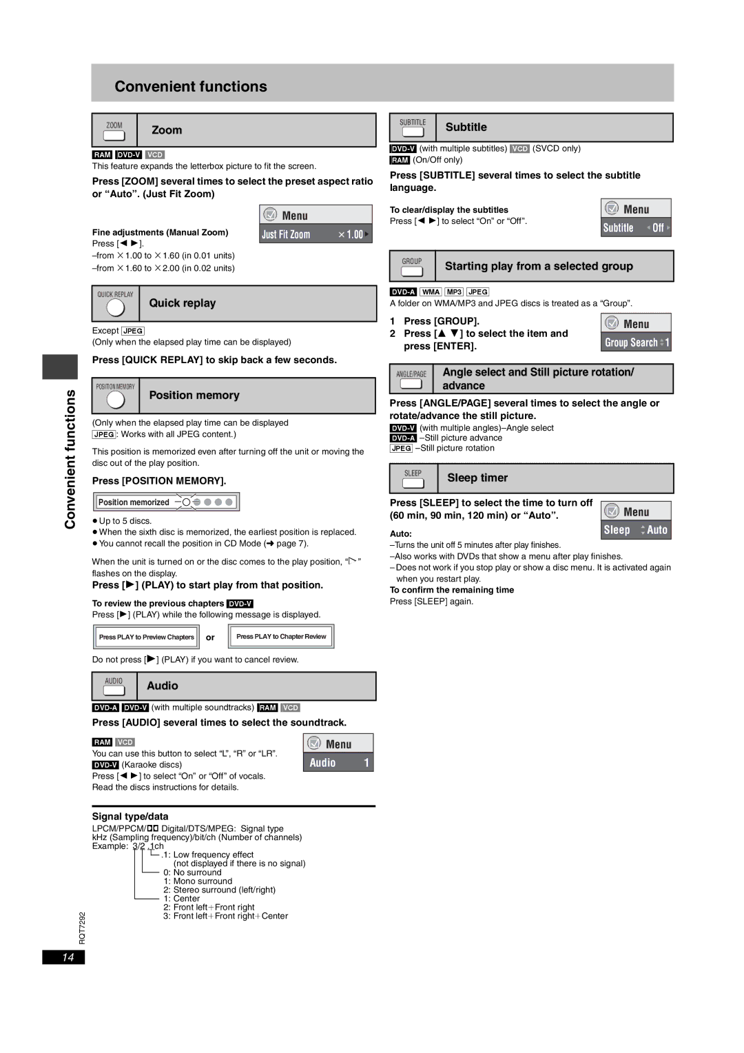 Panasonic DVD-F86 important safety instructions Convenient functions, Subtitle Off, Audio 