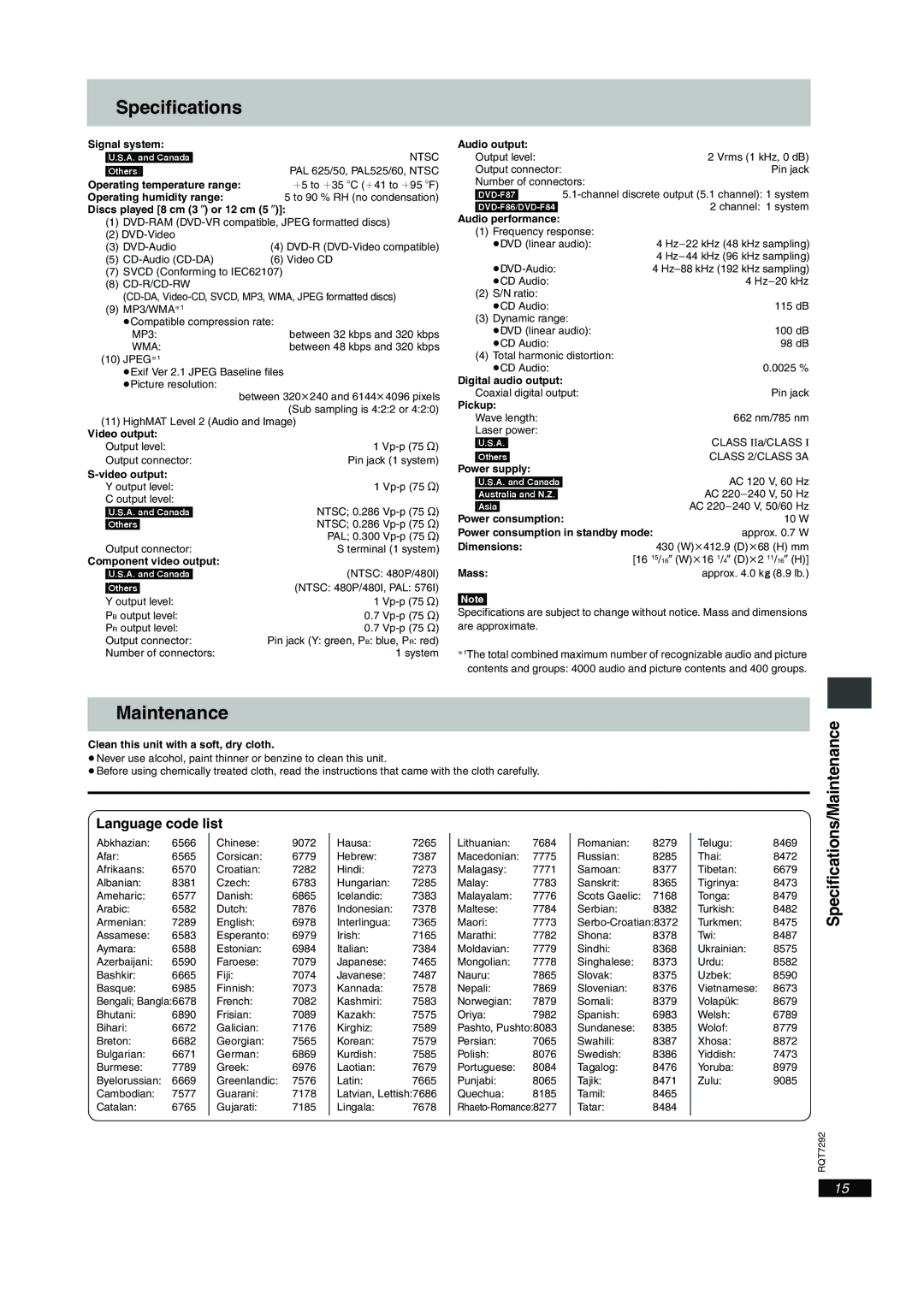 Panasonic DVD-F86 important safety instructions Language code list, Specifications/Maintenance 