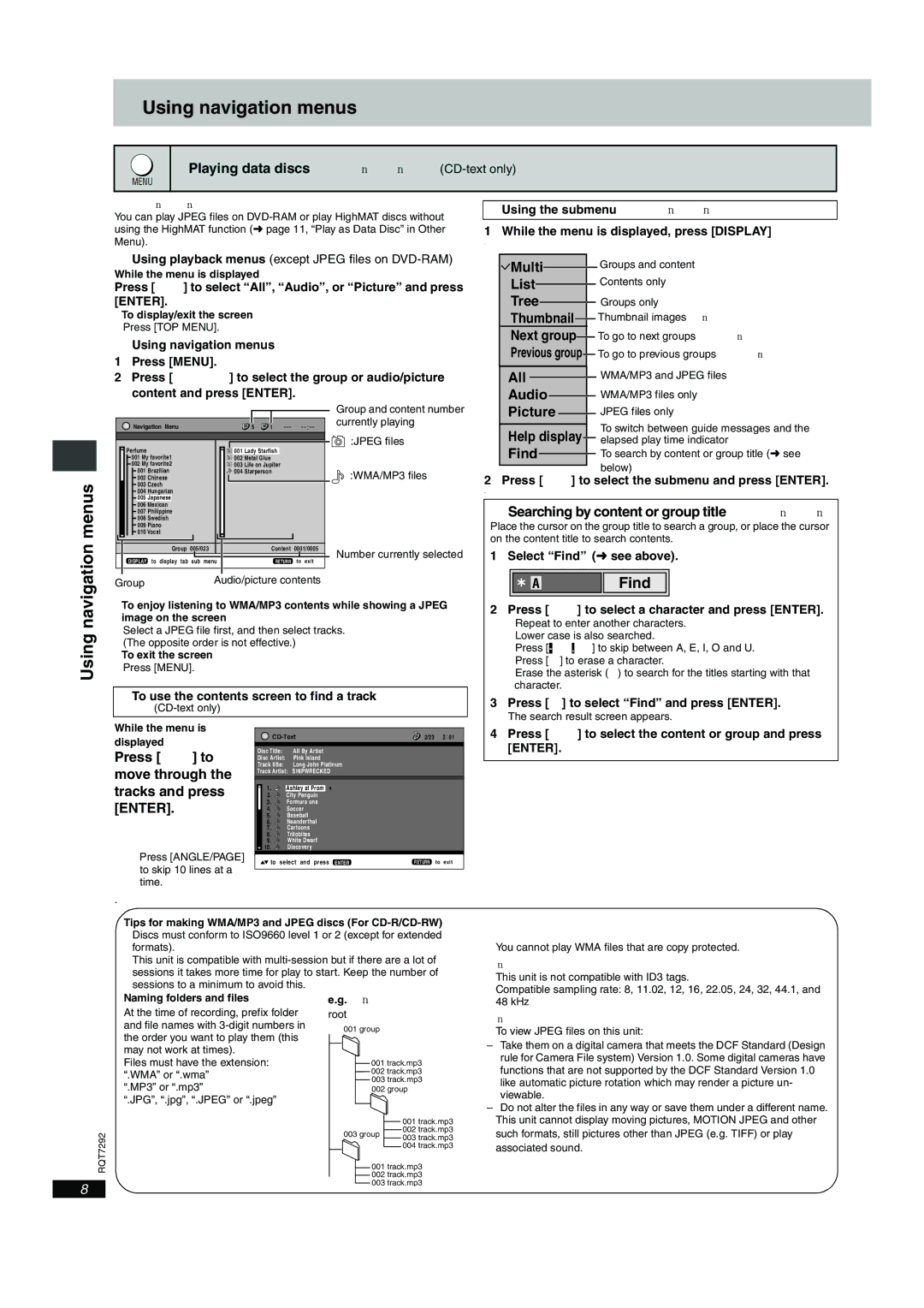 Panasonic DVD-F86 important safety instructions Using navigation menus, Find 