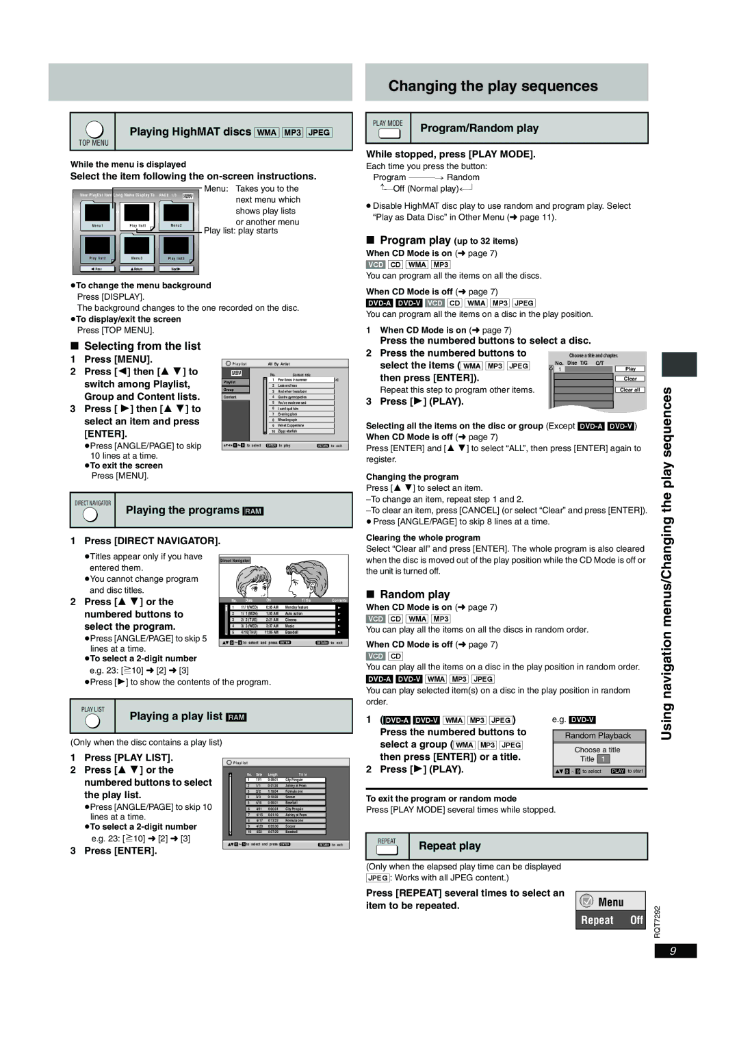 Panasonic DVD-F86 important safety instructions Changing the play sequences, Sequences, Menus/Changing, Navigation, Using 