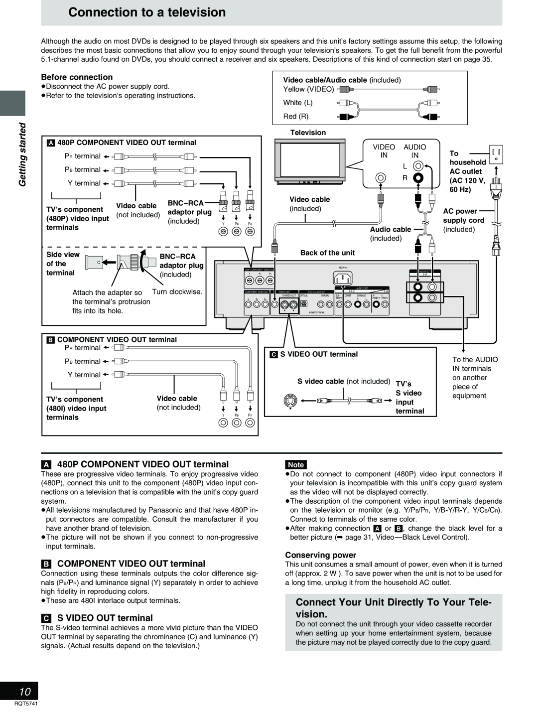 Panasonic DVD-H2000 warranty Connection to a television, 480P Component Video OUT terminal 