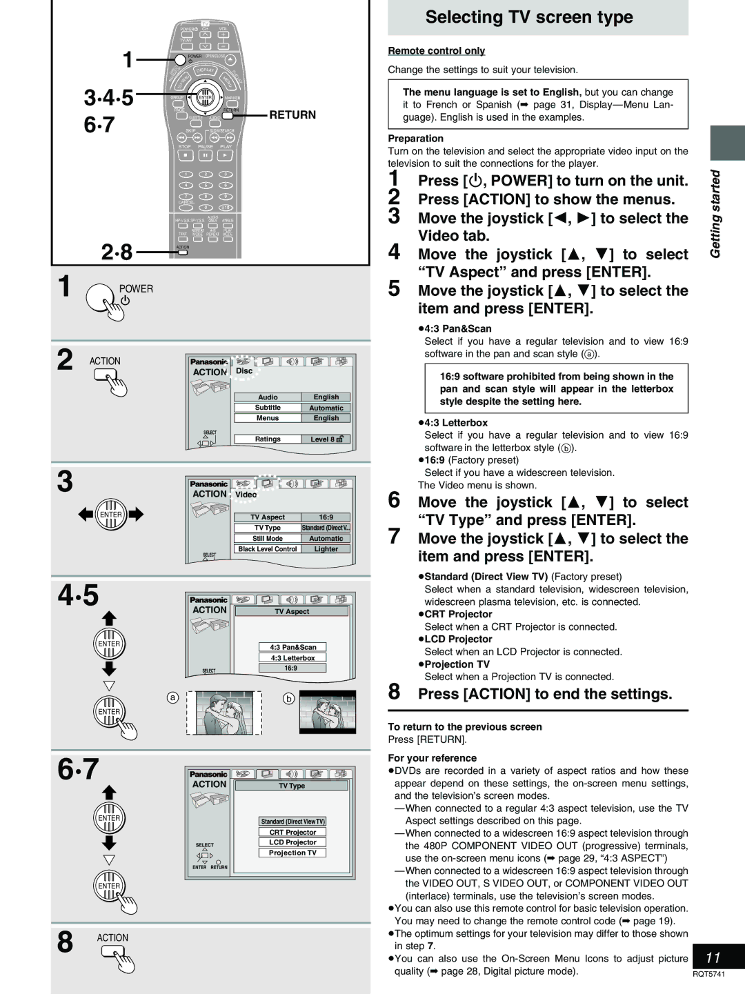 Panasonic DVD-H2000 warranty Selecting TV screen type 