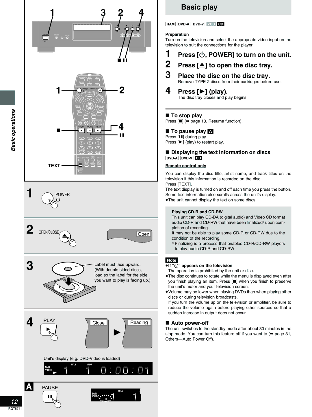 Panasonic DVD-H2000 warranty Basic play, Press 1 play, Basic operations 