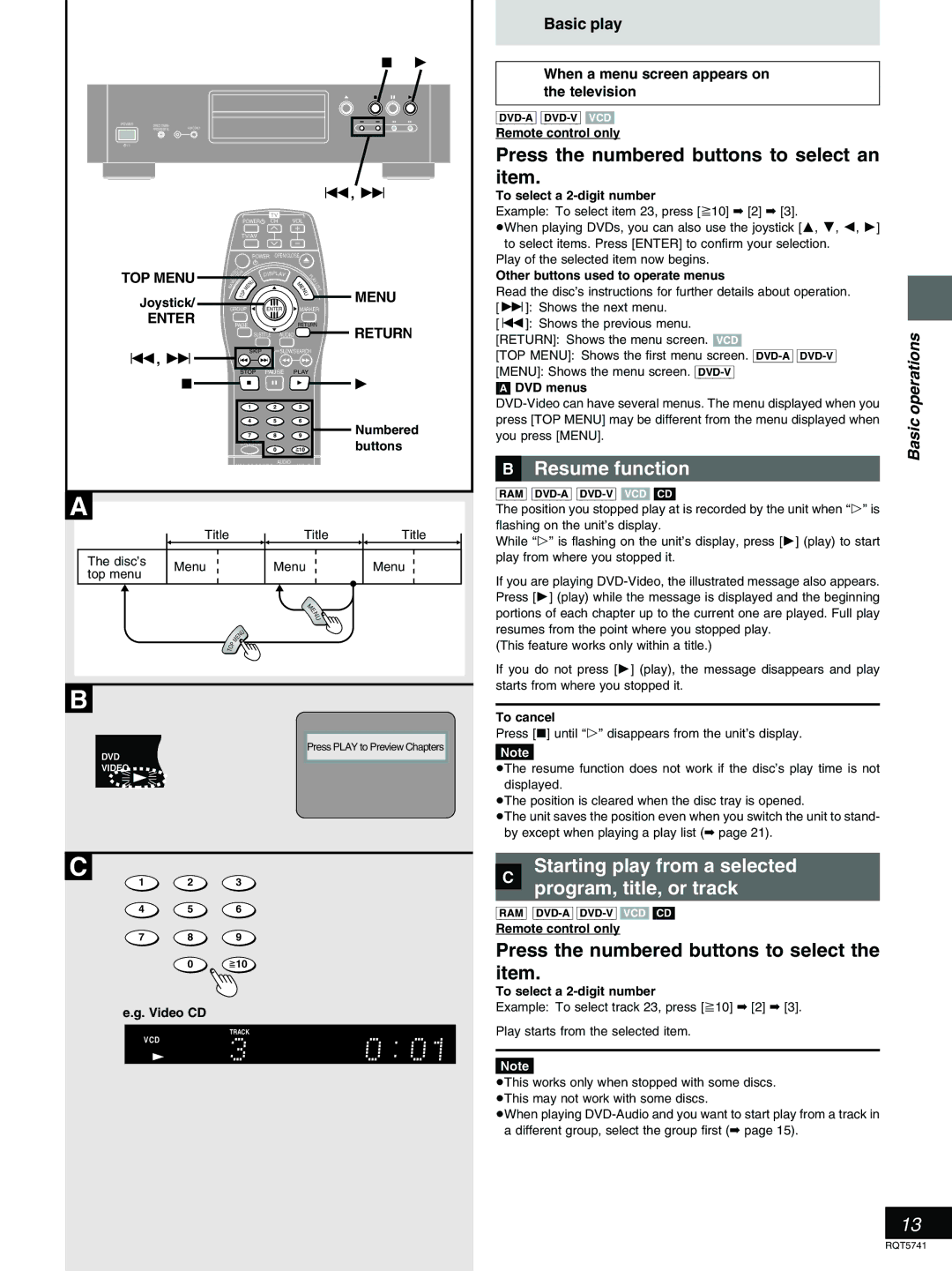 Panasonic DVD-H2000 warranty Press the numbered buttons to select an item, Resume function 