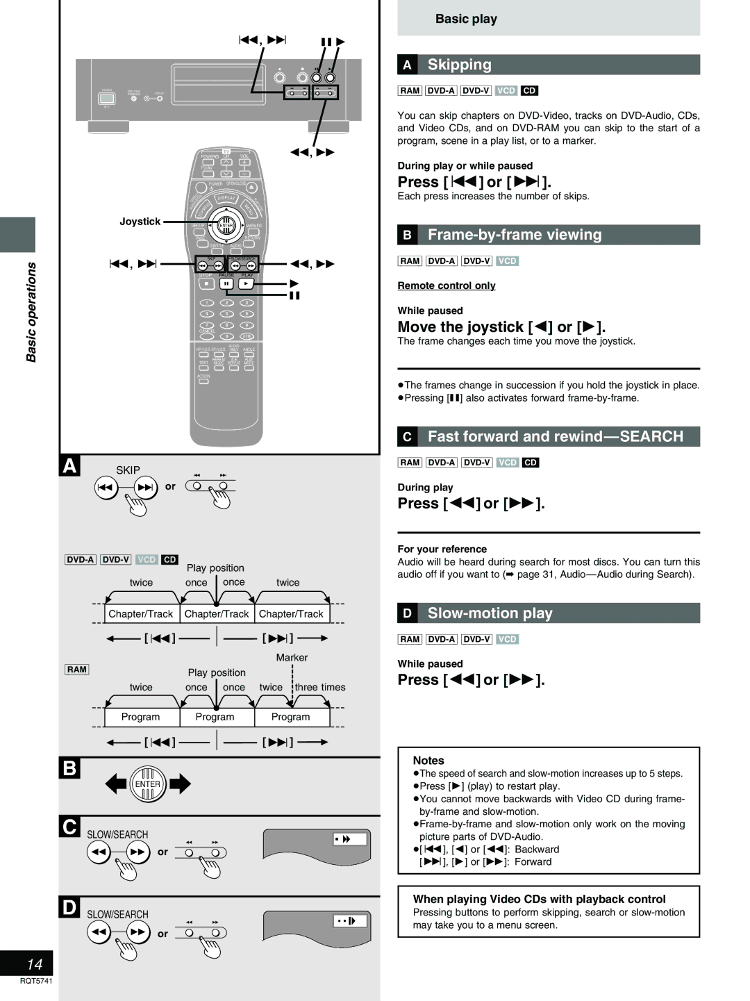 Panasonic DVD-H2000 warranty »A Skipping, »B Frame-by-frame viewing, »C Fast forward and rewind-SEARCH, »D Slow-motion play 