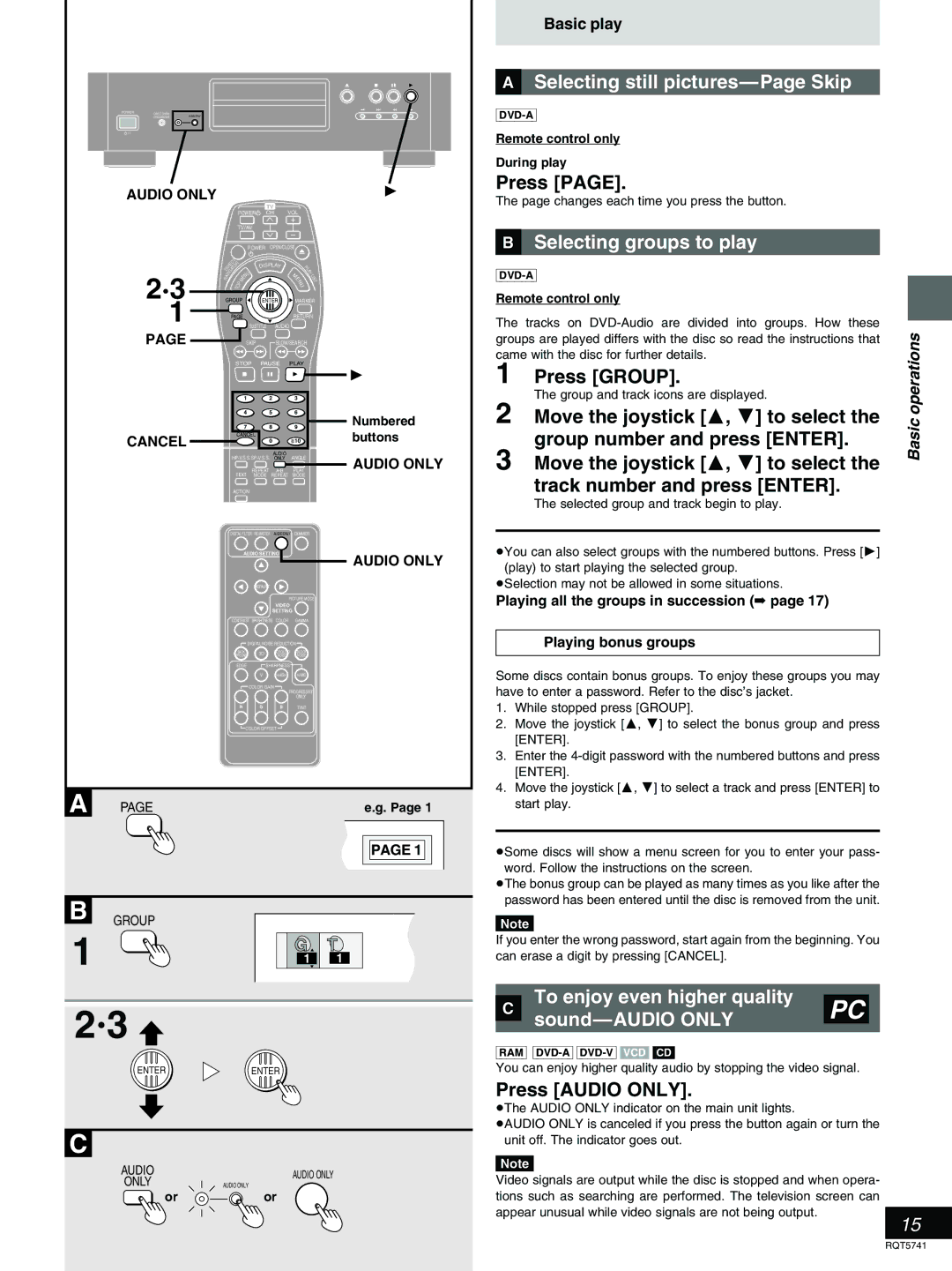 Panasonic DVD-H2000 warranty »A Selecting still pictures-Page Skip, Selecting groups to play 