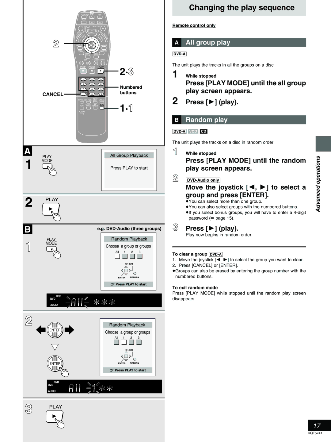 Panasonic DVD-H2000 warranty Changing the play sequence, »A All group play, »B Random play 