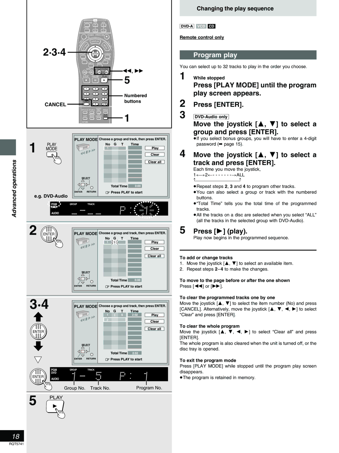 Panasonic DVD-H2000 Program play, Move the joystick 3, 4 to select a group and press Enter, Changing the play sequence 