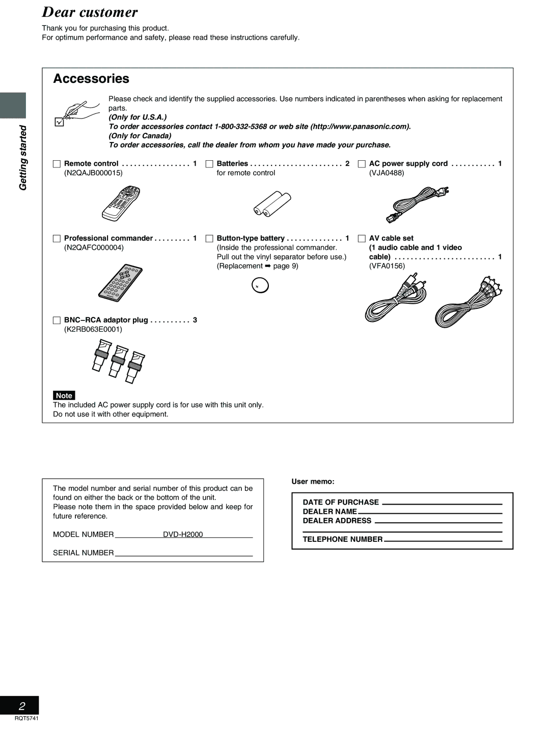 Panasonic DVD-H2000 warranty Accessories, Getting started, User memo 