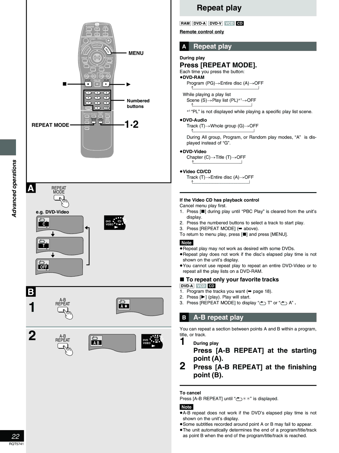 Panasonic DVD-H2000 warranty »A Repeat play, Press Repeat Mode, »B A-B repeat play, To repeat only your favorite tracks 