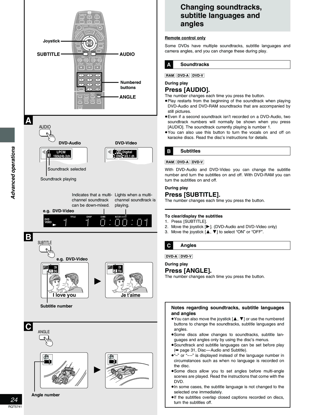 Panasonic DVD-H2000 Changing soundtracks Subtitle languages and angles, Press Audio, Press Subtitle, Press Angle, Love you 