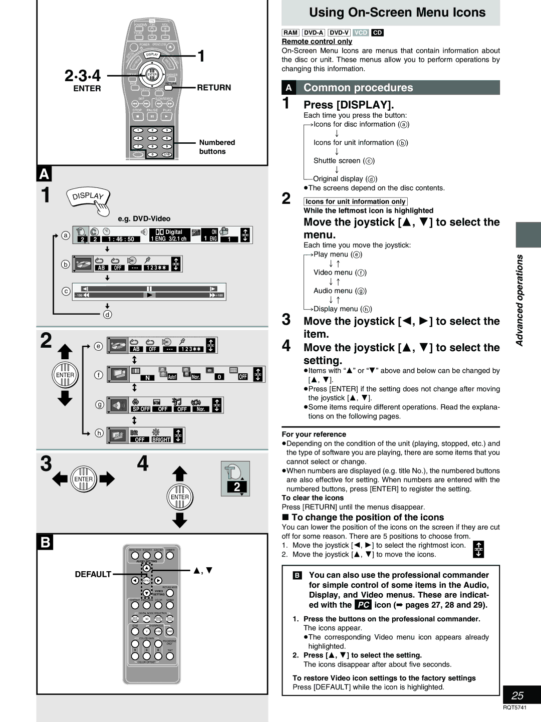 Panasonic DVD-H2000 Using On-Screen Menu Icons, »A Common procedures 1 Press Display, To change the position of the icons 