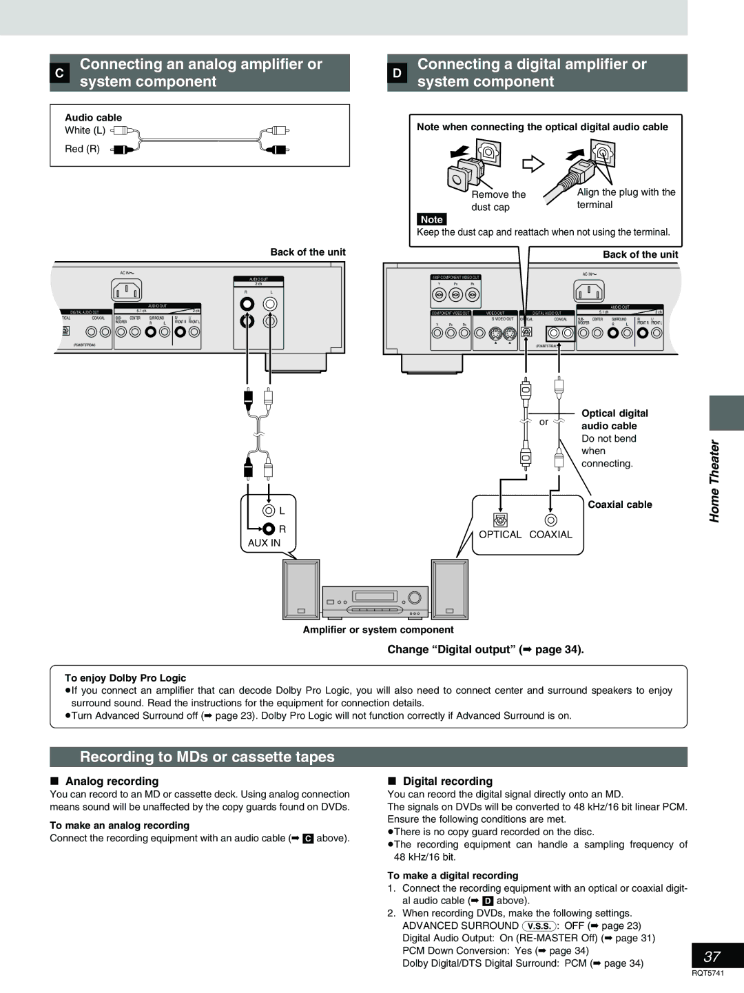 Panasonic DVD-H2000 » Connecting an analog amplifier or System component, Recording to MDs or cassette tapes, Theater 