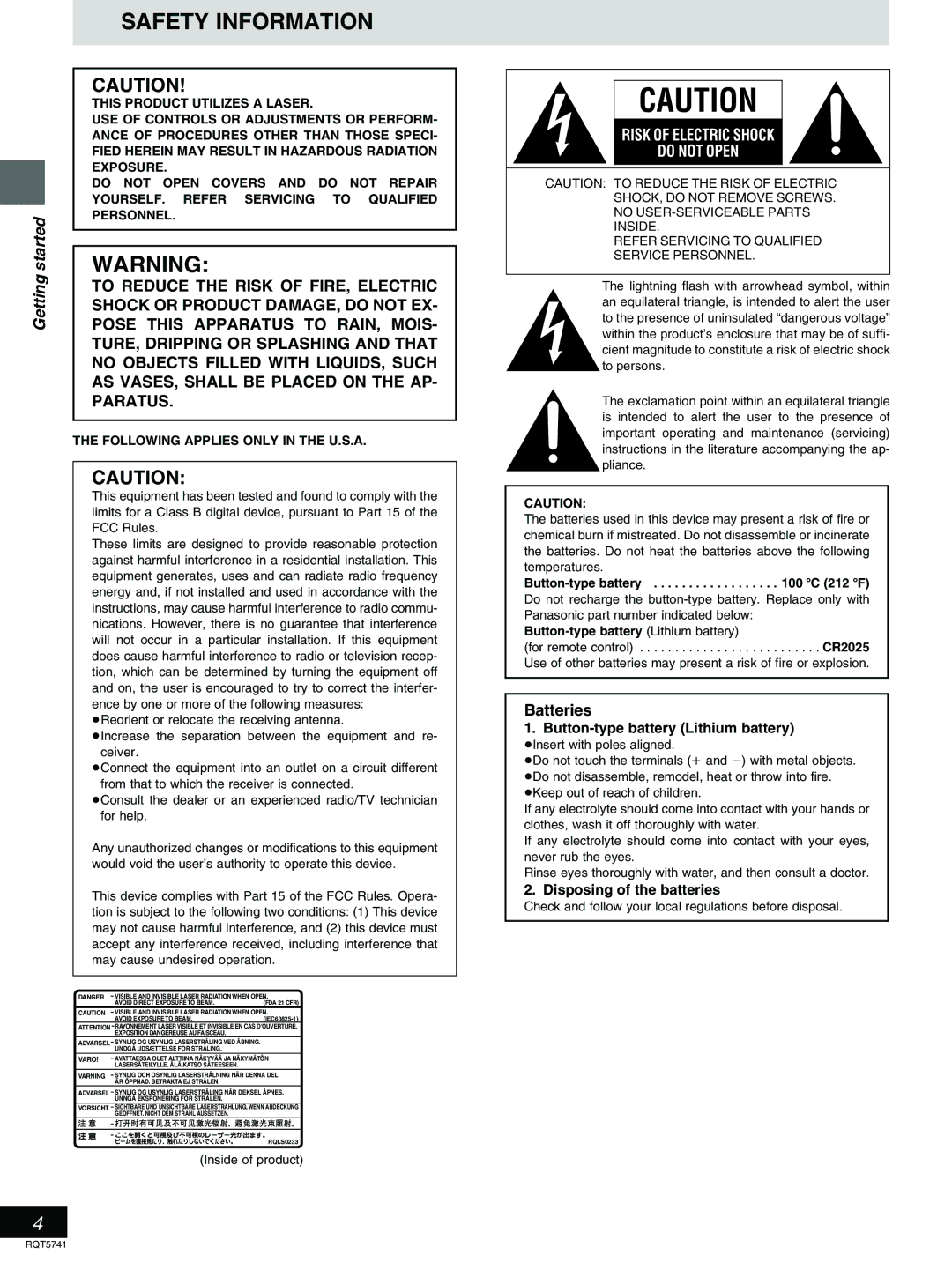 Panasonic DVD-H2000 warranty Batteries, Button-type battery Lithium battery, Disposing of the batteries 