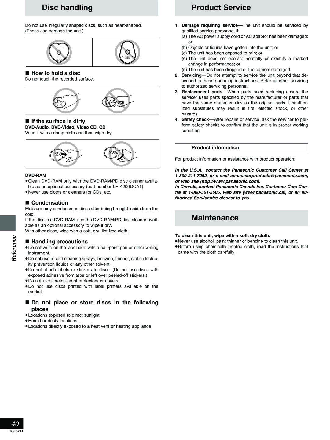 Panasonic DVD-H2000 warranty Disc handling, Maintenance 