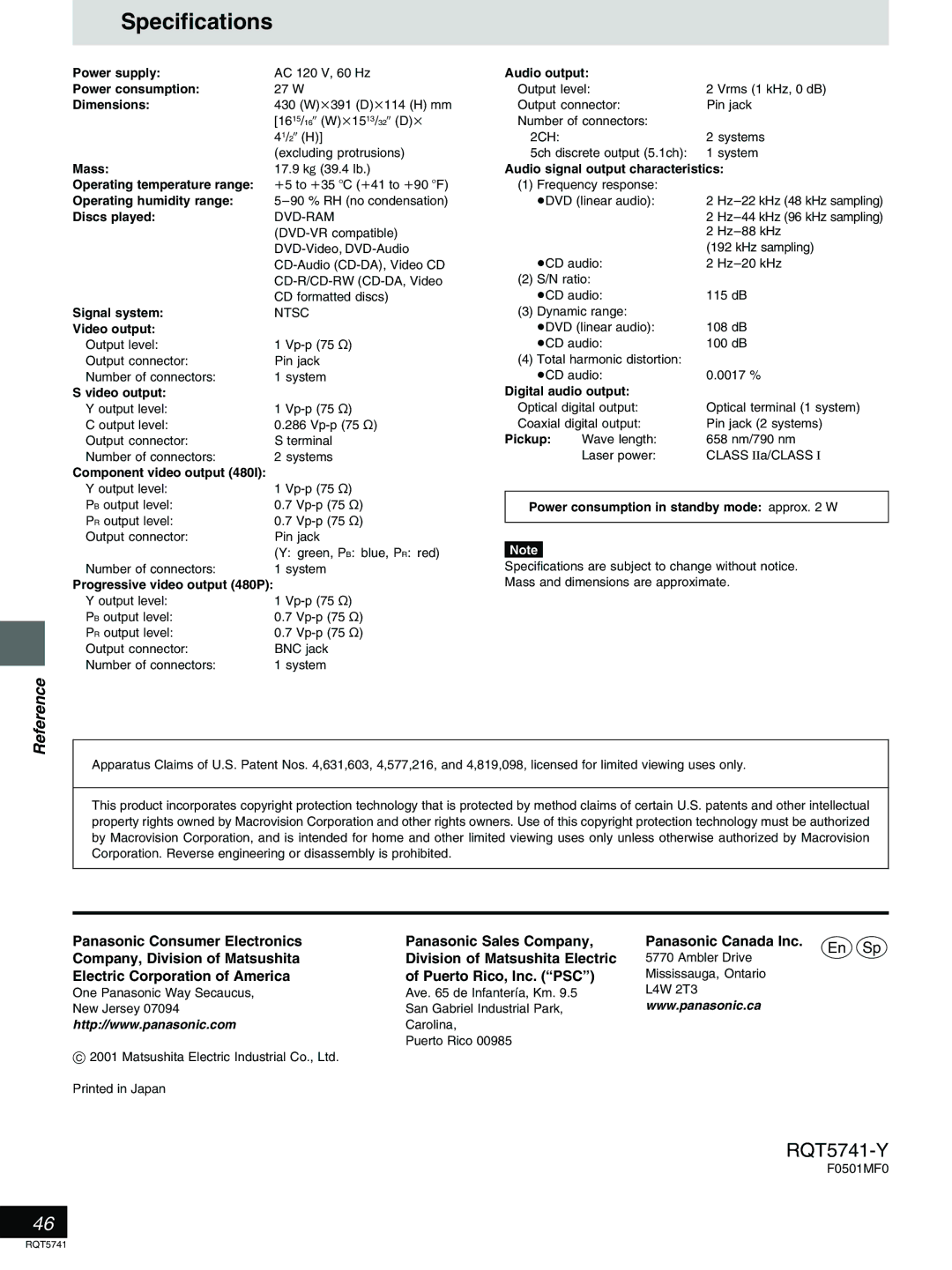 Panasonic DVD-H2000 warranty Specifications, Electric Corporation of America Puerto Rico, Inc. PSC 