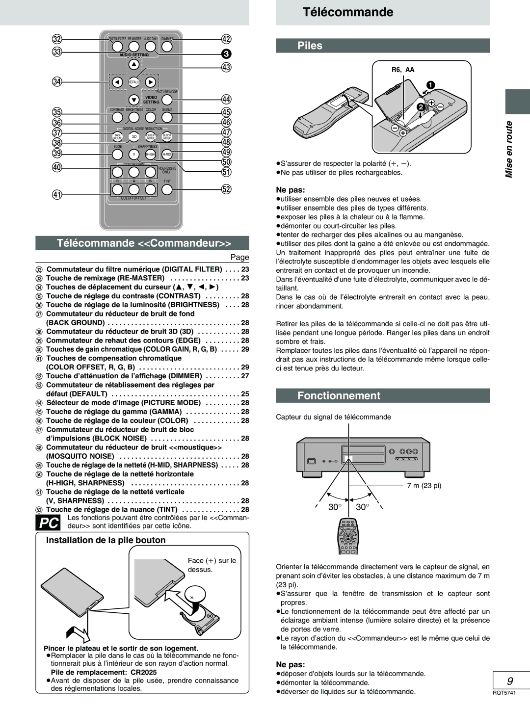 Panasonic DVD-H2000 warranty Piles, Télécommande Commandeur, Fonctionnement, Installation de la pile bouton 