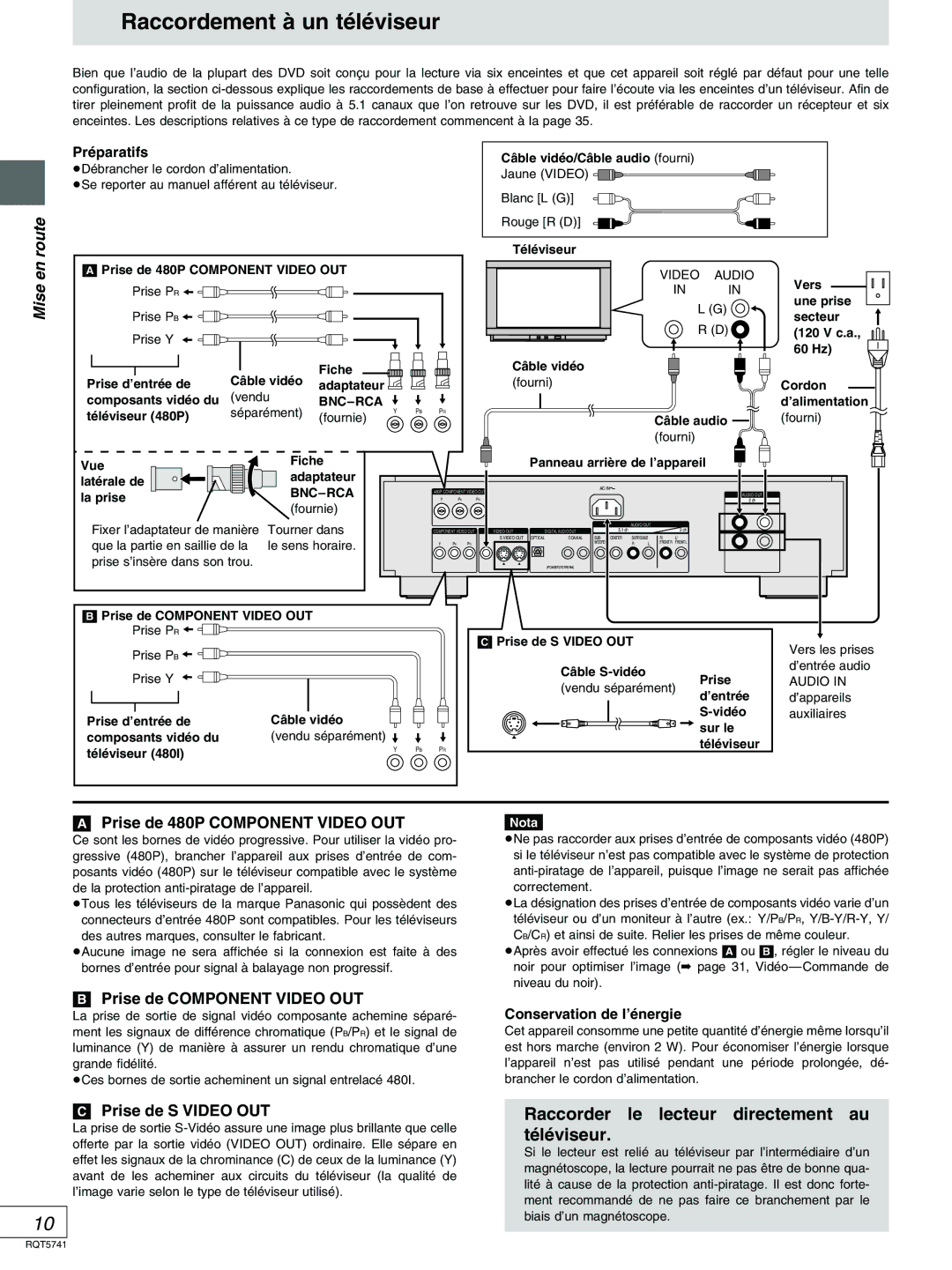 Panasonic DVD-H2000 warranty Raccordement à un téléviseur, Prise de 480P Component Video OUT, Prise de Component Video OUT 