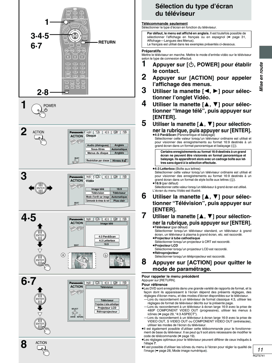 Panasonic DVD-H2000 Appuyer sur ê, Power pour établir, Le contact, Appuyer sur Action pour appeler, ’affichage des menus 