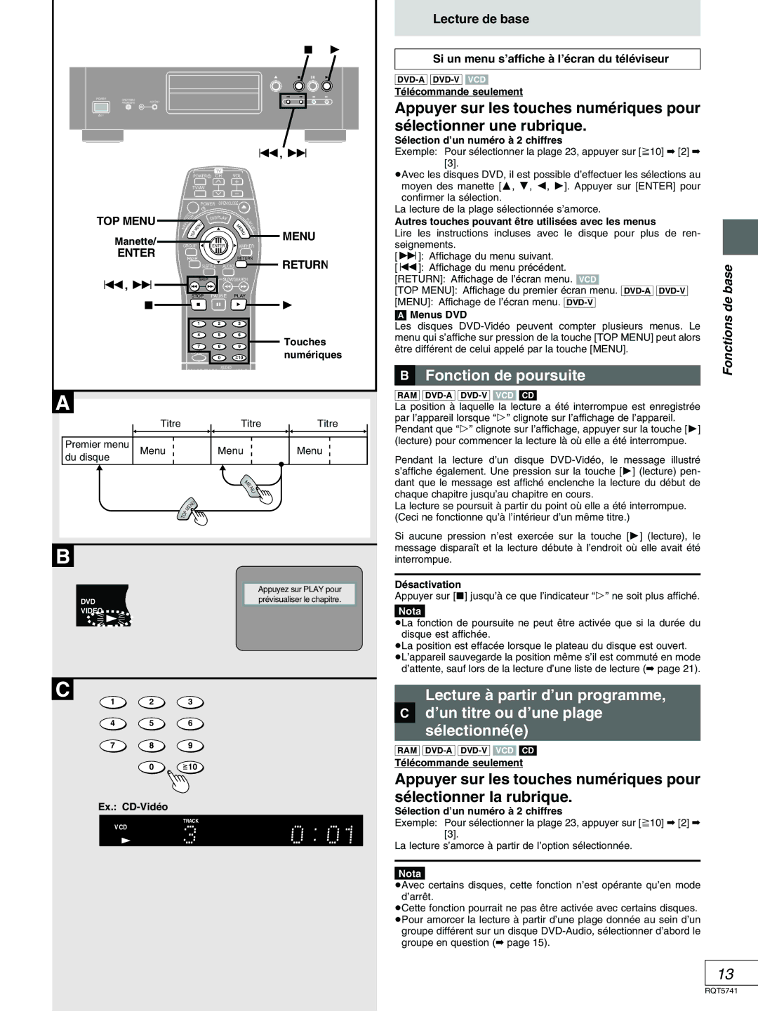 Panasonic DVD-H2000 warranty Fonction de poursuite, Lecture de base, Base, Si un menu s’affiche à l’écran du téléviseur 