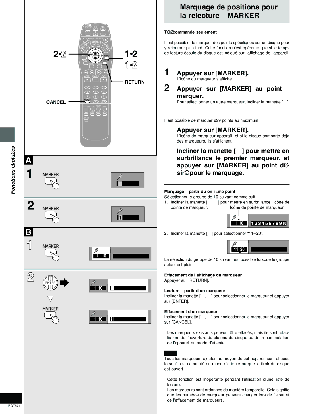 Panasonic DVD-H2000 warranty Appuyer sur Marker au point à marquer, Fonctions évoluées 