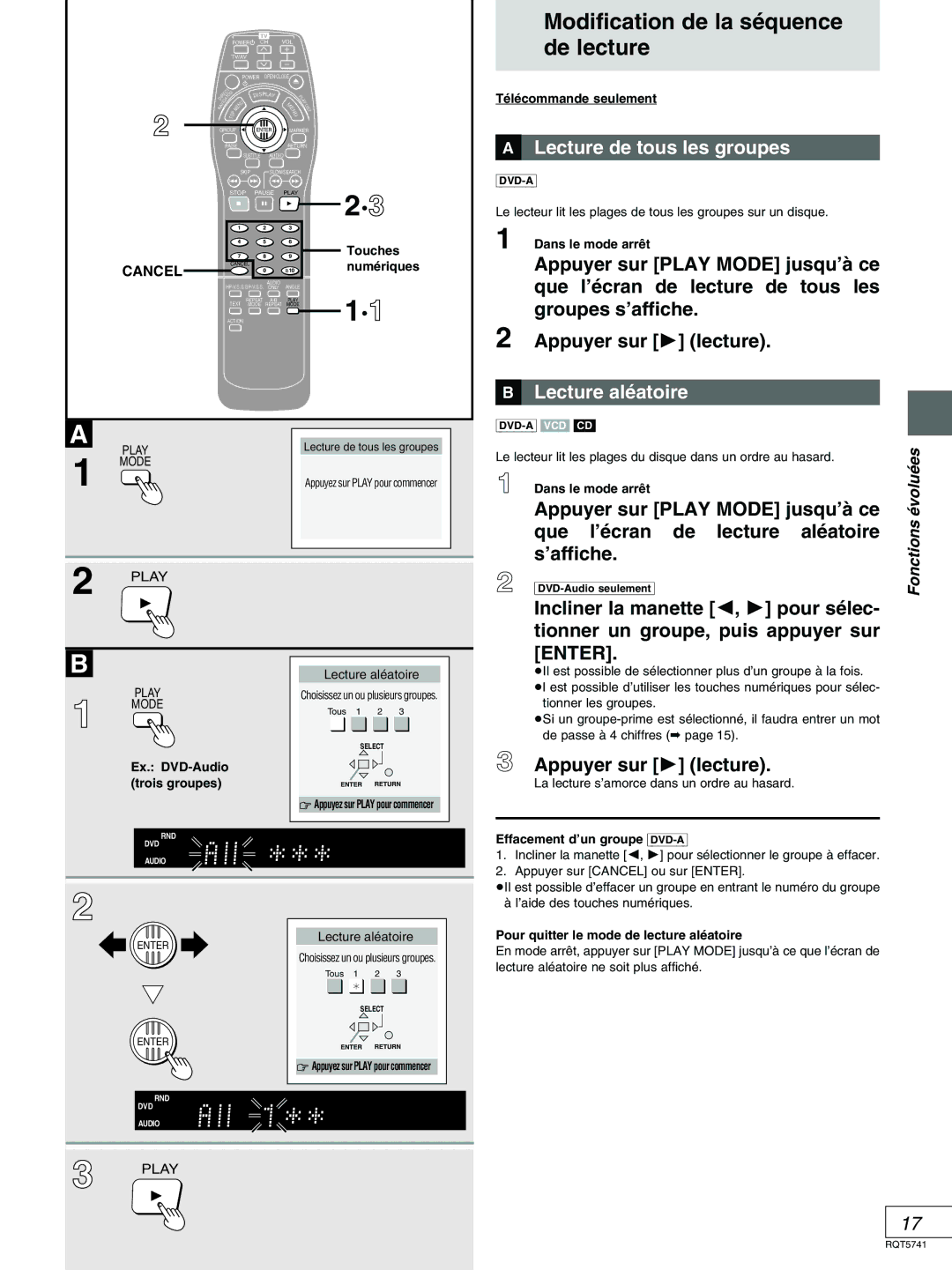 Panasonic DVD-H2000 warranty Modification de la séquence de lecture, »A Lecture de tous les groupes, »B Lecture aléatoire 