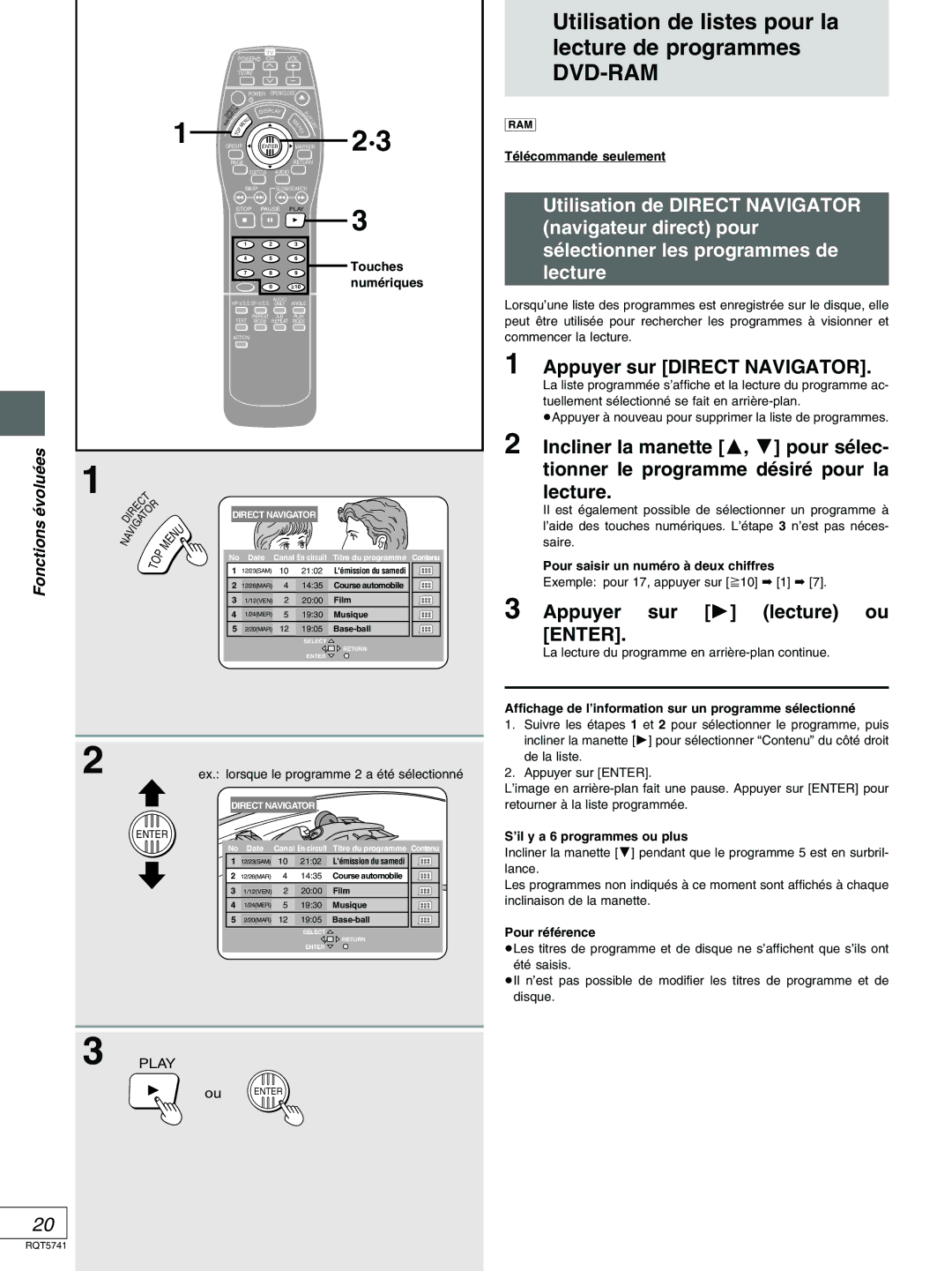 Panasonic DVD-H2000 warranty Utilisation de listes pour la Lecture de programmes, Appuyer sur Direct Navigator 