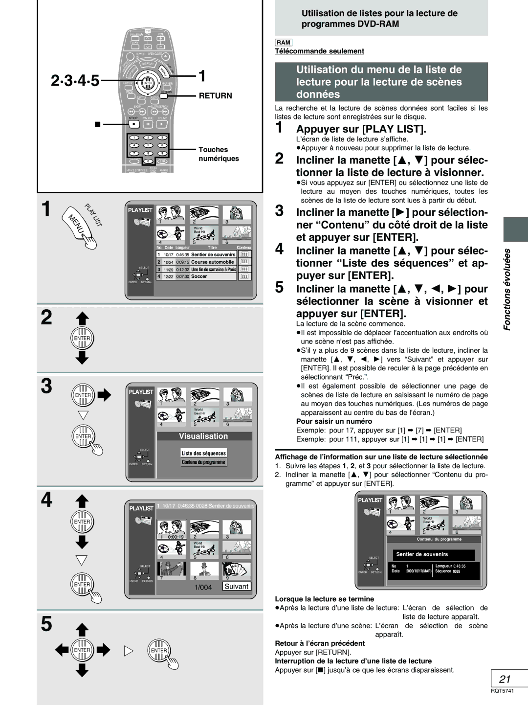 Panasonic DVD-H2000 Appuyer sur Play List, Et appuyer sur Enter Incliner la manette 3, 4 pour sélec, Puyer sur Enter 