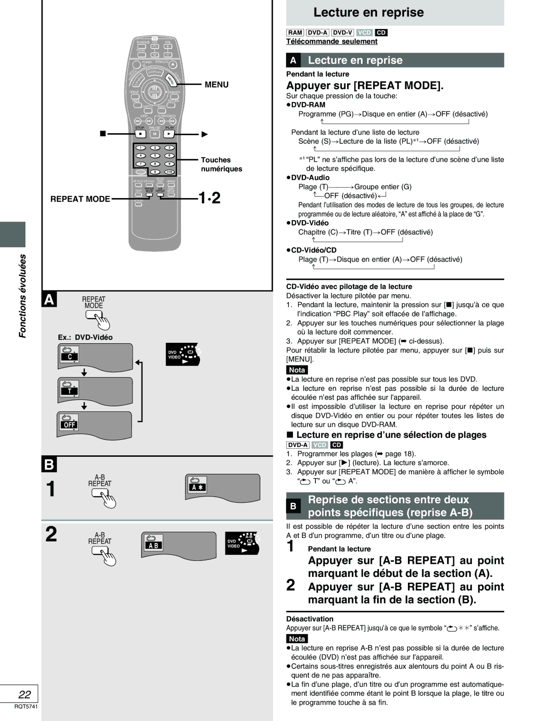 Panasonic DVD-H2000 »A Lecture en reprise, Appuyer sur Repeat Mode, Lecture en reprise d’une sélection de plages 